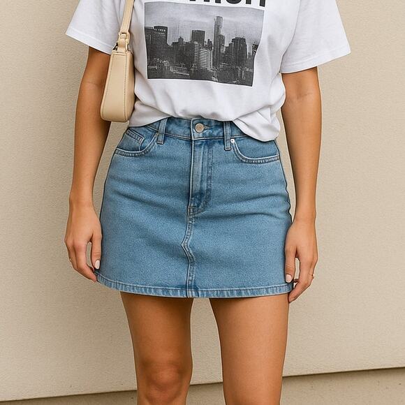 New 8 ASOS Light Wash High Rise‎ Stretch Denim Mini Skirt Jean Pockets Vintage - Picture 1 of 3